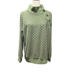 Ces Femme Checkered Fleece Oversized Sweater Green Medium Side Button Mock Neck
